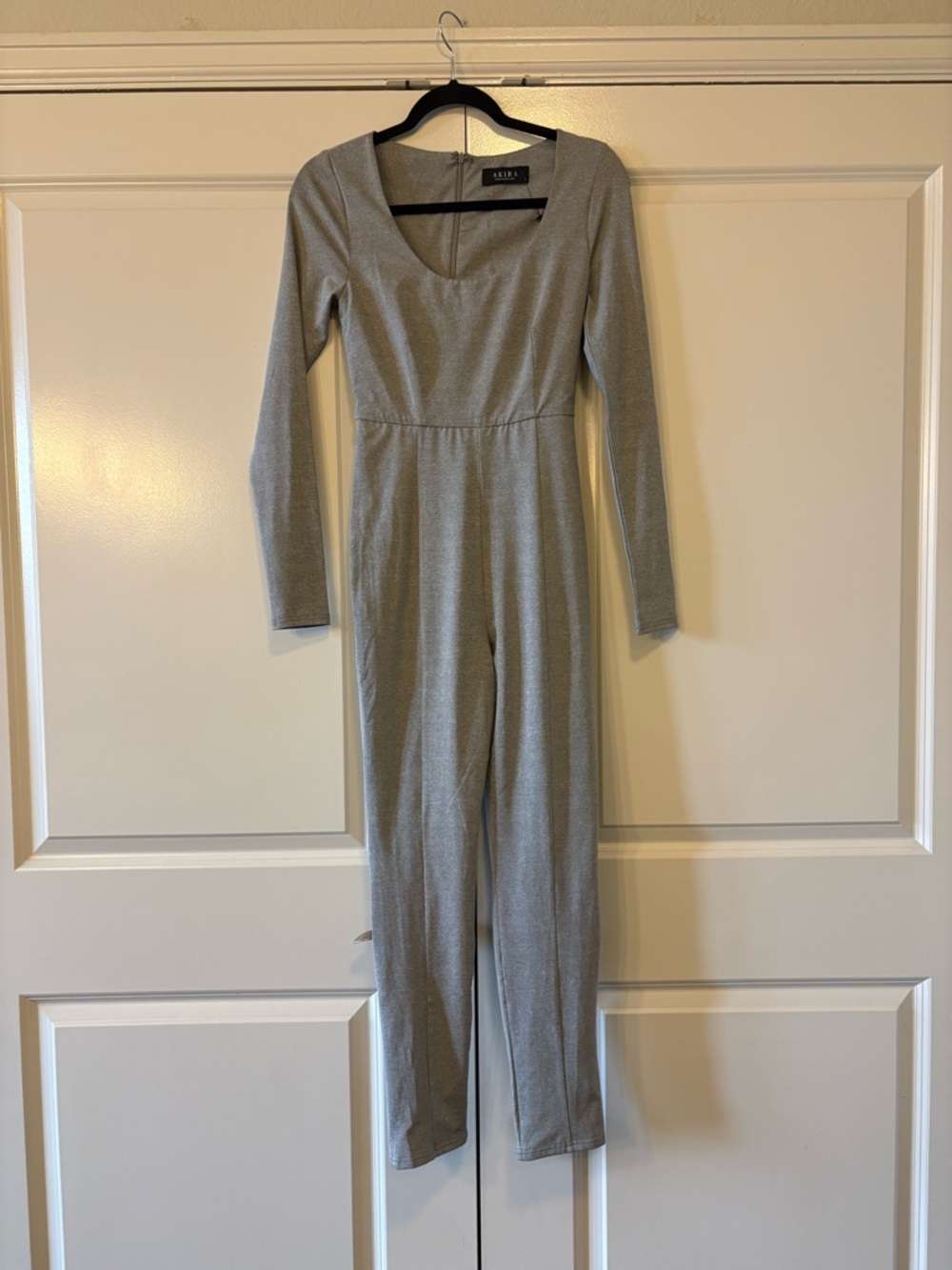 AKIRA Silver Long-Sleeve V-Neck Jumpsuit